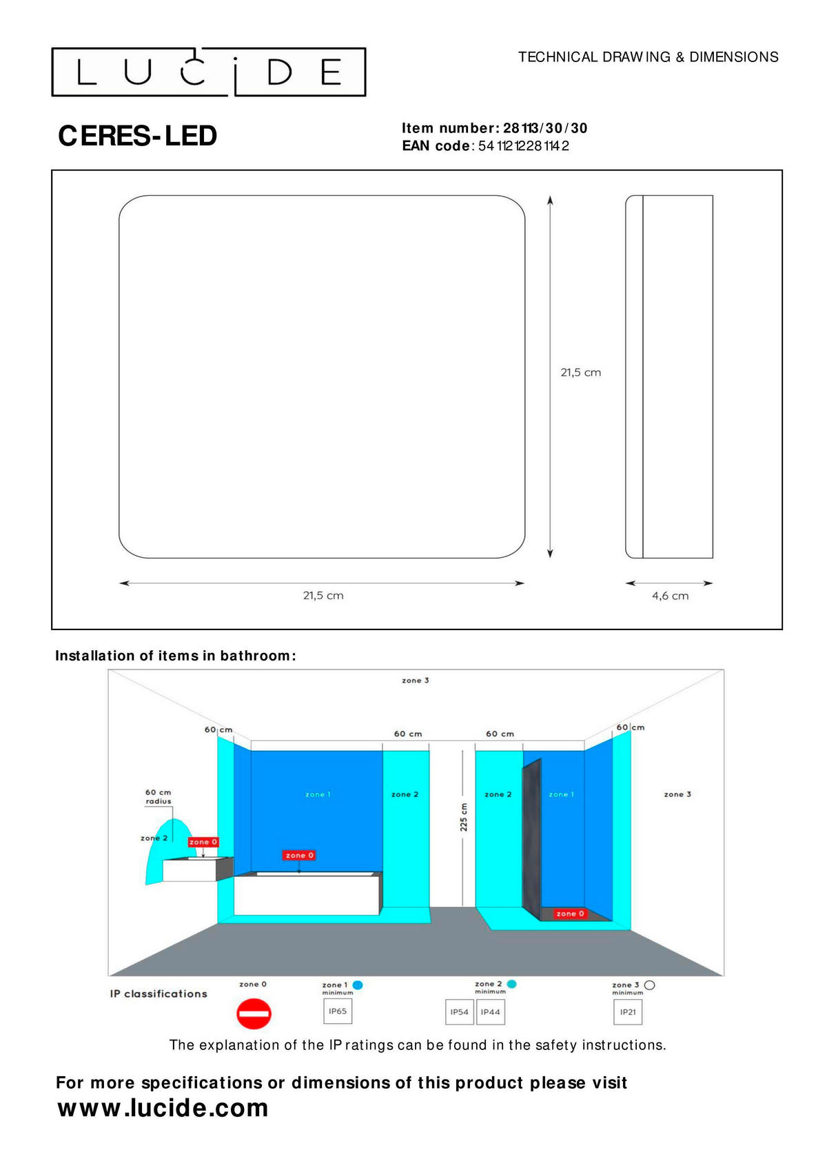 LED-BADEZIMMER-DECKENLEUCHTE CERES-LED 21,5/21,5/4.6 cm   - KONVENTIONELL, Metall (21,5/21,5/4.6cm) - Lucide
