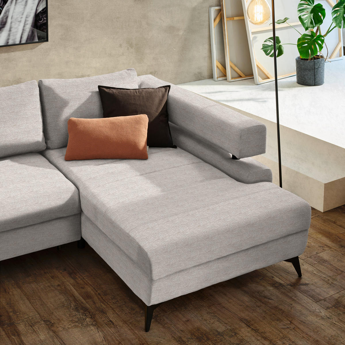 ECKSOFA in Chenille Beige  - Beige/Schwarz, Konventionell, Textil/Metall (265/184cm) - Hom`in