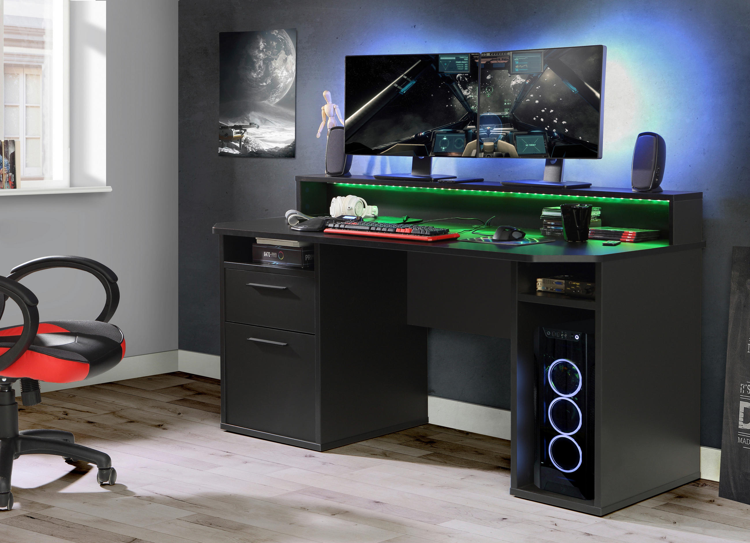 GAMINGBORD 160/72/91 cm  i svart  - aluminiumfärg/svart, Modern, metall/trämaterial (160/72/91cm) - Hom`in