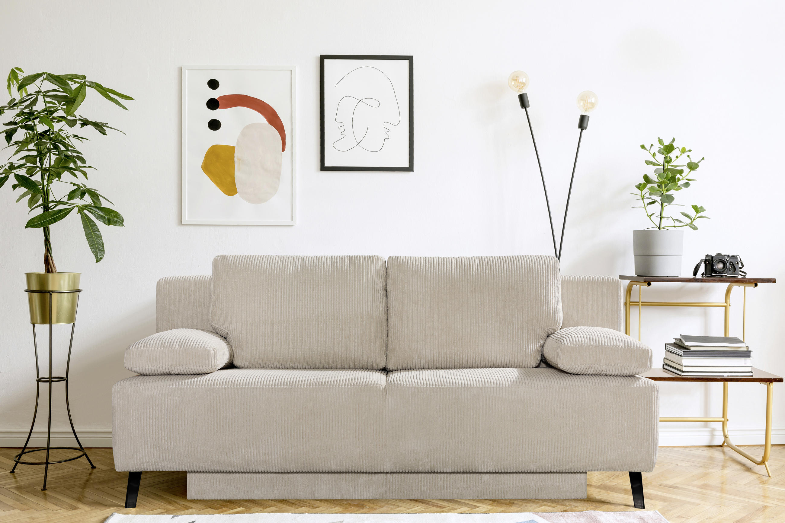 SCHLAFSOFA Cord Creme  - Creme/Schwarz, MODERN, Textil/Metall (197/92/88cm)