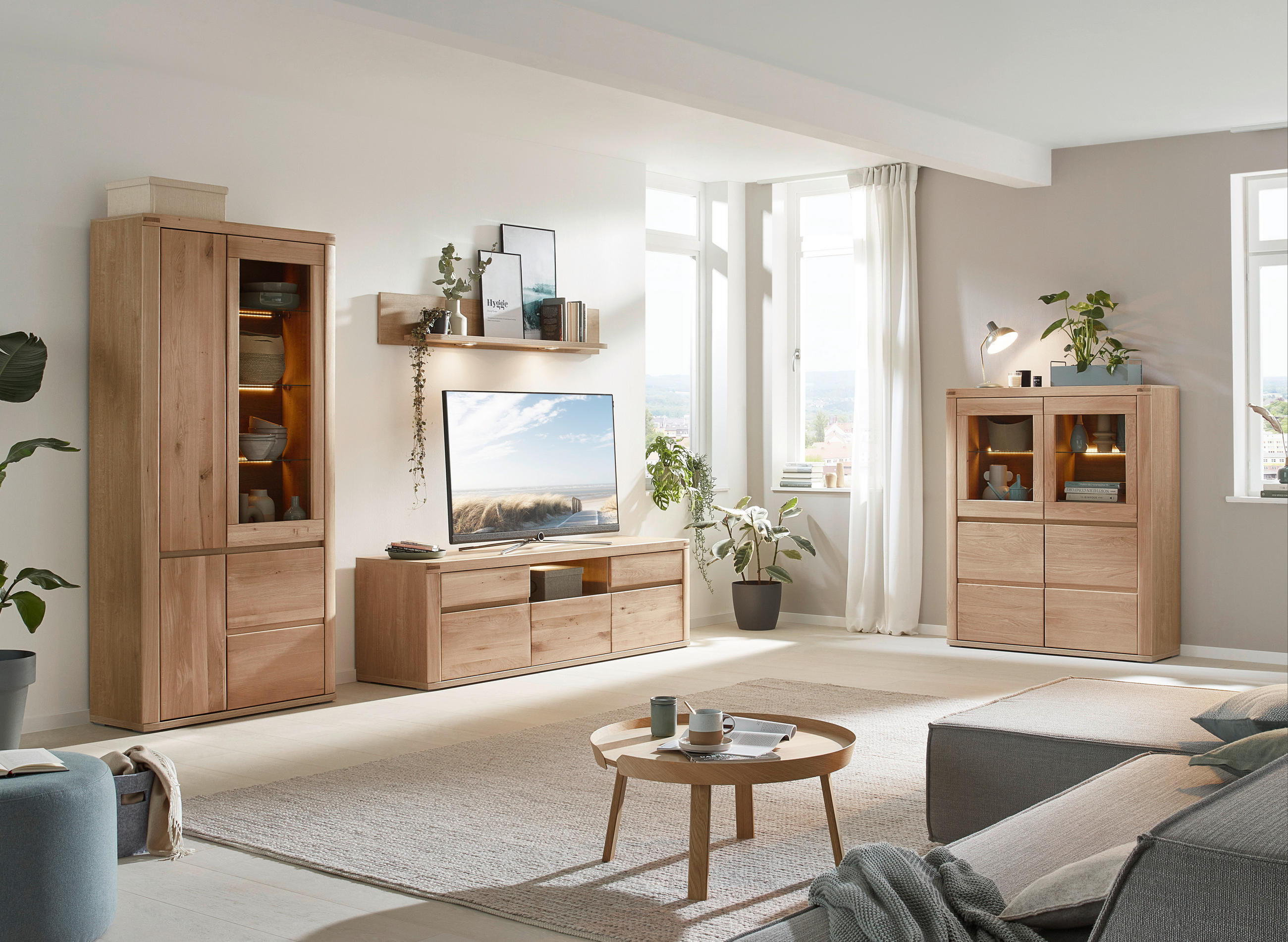 Thumbnail - Voleo Highboard, Alteiche, Glas, Holzwerkstoff, Eiche, massiv, 2 Holz + 2 Glas Fächer, 118x140x38 cm, Beimöbel erhältlic...