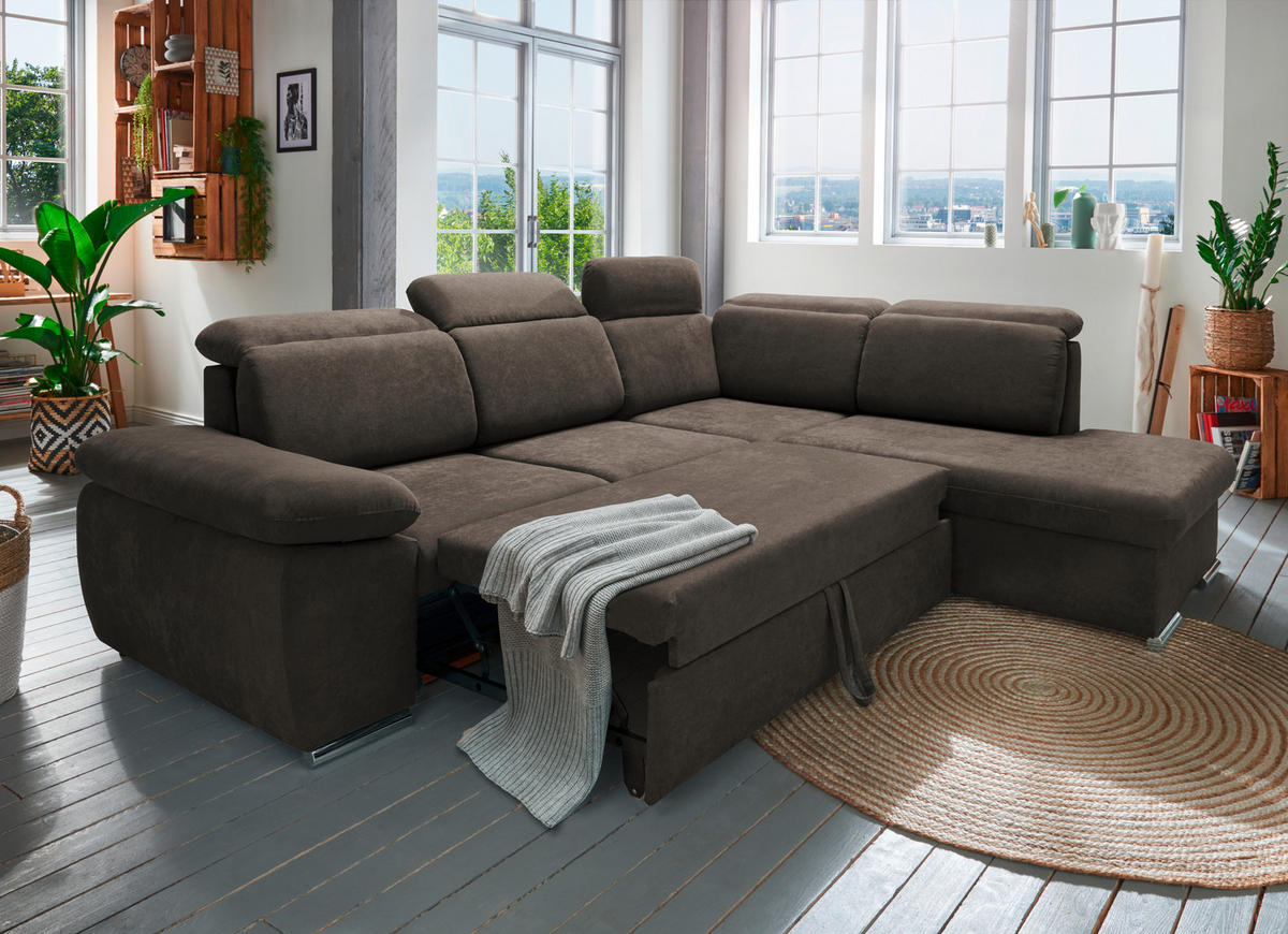 ECKSOFA in Mikrofaser Dunkelbraun  - Chromfarben/Dunkelbraun, Design, Textil/Metall (283/228cm) - Livetastic