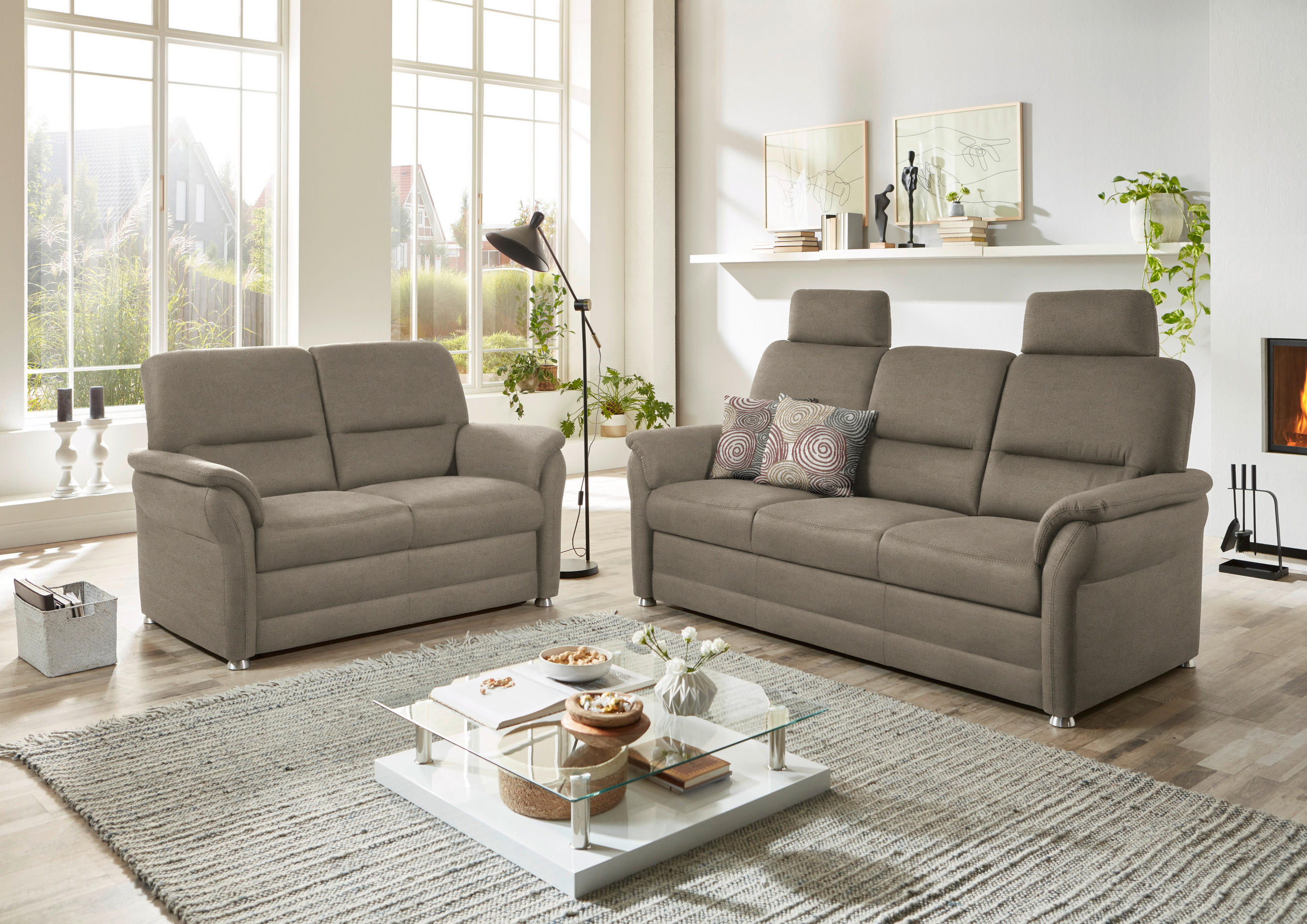 SITZGARNITUR Mikrofaser Graubraun  - Graubraun/Alufarben, KONVENTIONELL, Textil/Metall (192/96/89cm) - Beldomo Comfort