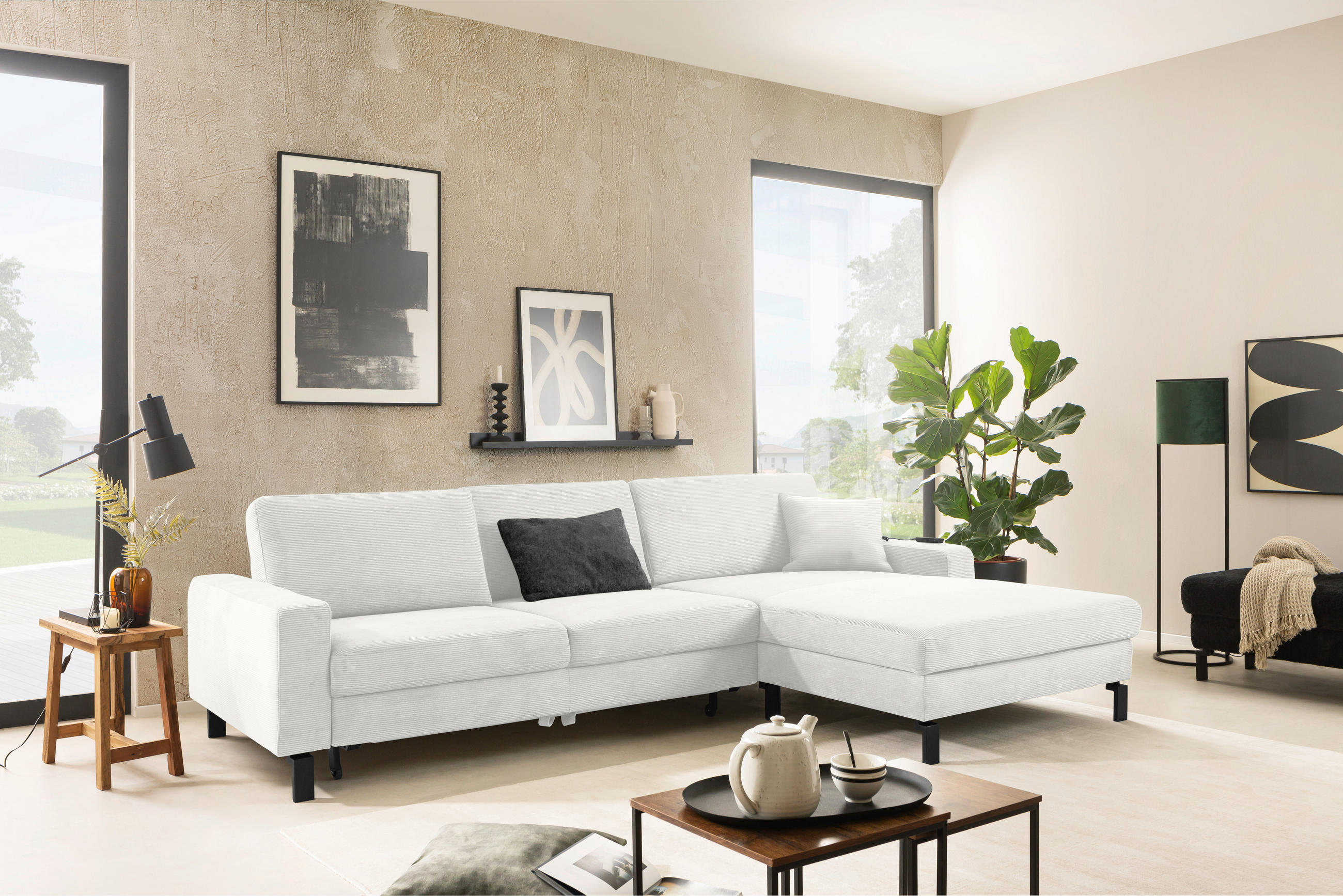 ECKSOFA in Cord Weiss  - Weiss/Schwarz, Design, Textil/Metall (298/185-209cm) - Pure Home Lifestyle