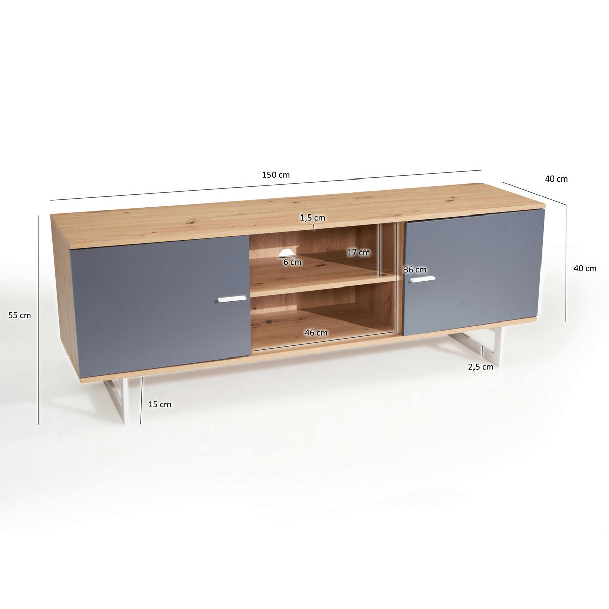 NÍZKÁ KOMODA, šedá, barvy dubu, 150/55/40 cm - šedá/barvy stříbra, Design, kov/kompozitní dřevo (150/55/40cm) - Livetastic