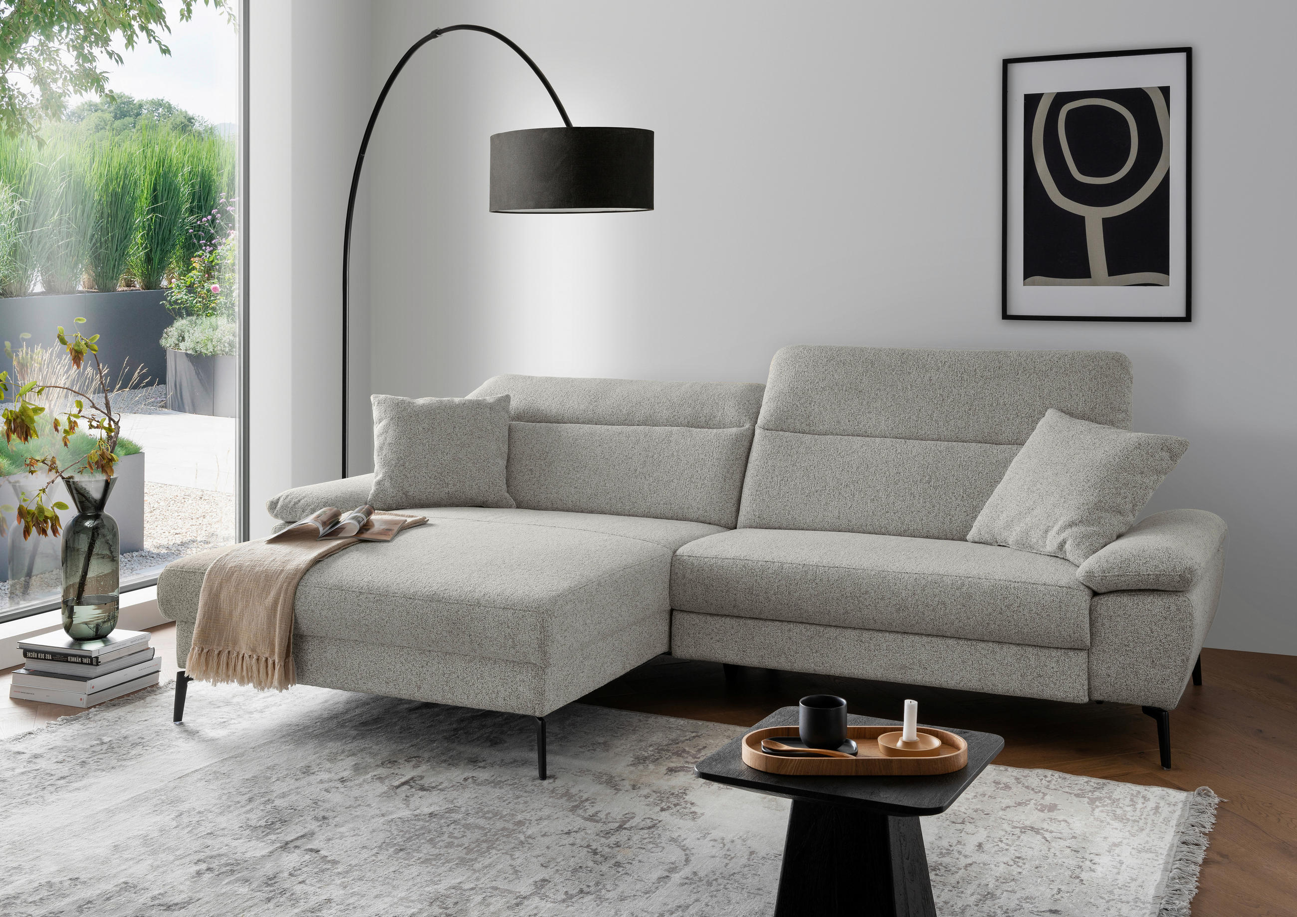 ECKSOFA CANCELLI Beige Struktur Zierkissen, Kopfteilverstellung  - Beige/Schwarz, KONVENTIONELL, Textil/Metall (178/300cm) - Livetastic