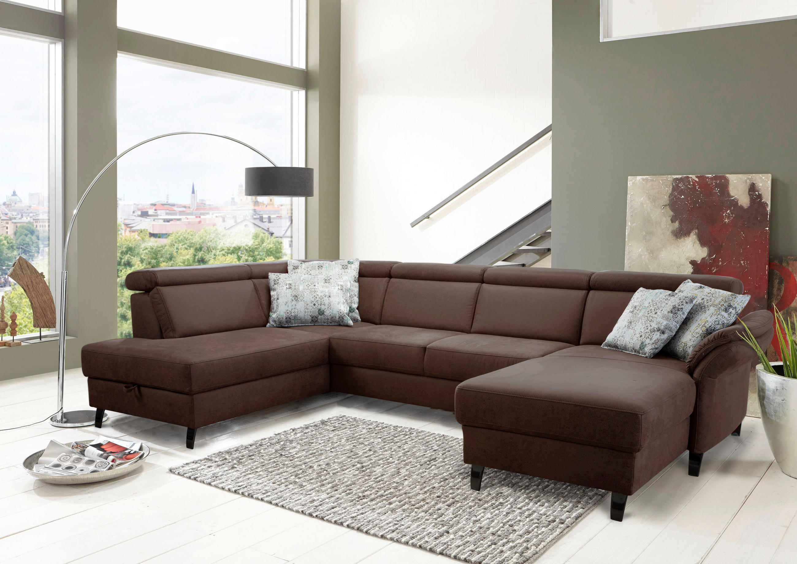 WOHNLANDSCHAFT Cognac Mikrofaser  - Cognac/Schwarz, KONVENTIONELL, Textil/Metall (193/317/165cm) - Sit & More