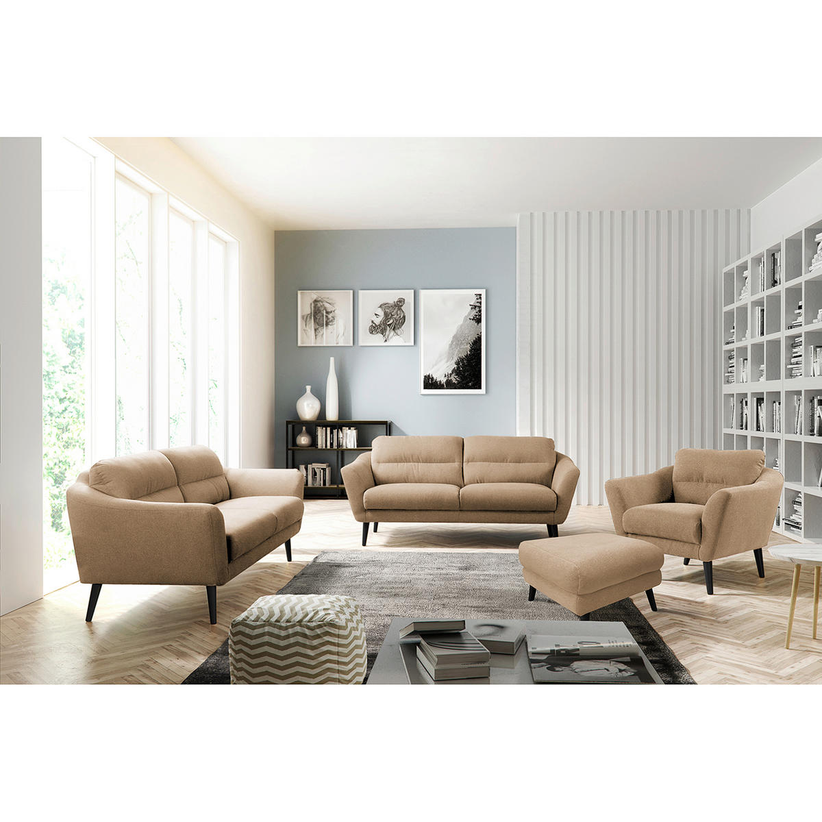 HOCKER in Textil Beige  - Beige/Schwarz, Design, Holz/Textil (61/49/65cm) - Livetastic