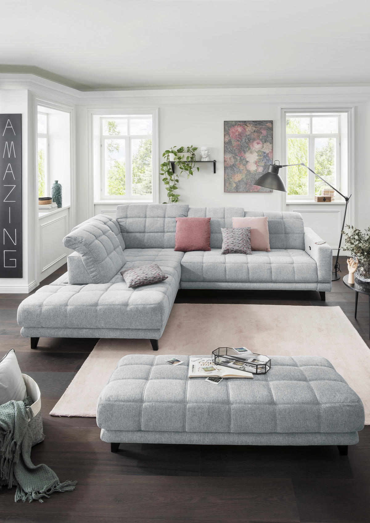 ECKSOFA in Webstoff Hellgrau  - Hellgrau/Schwarz, Design, Holz/Textil (216/302cm) - Xora