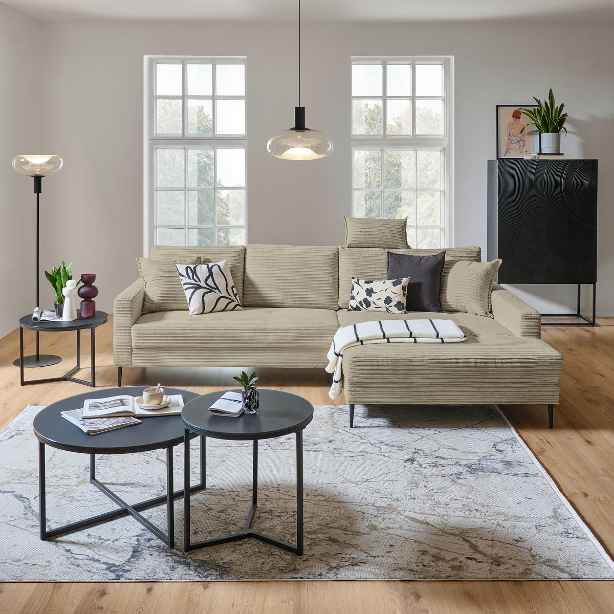 ECKSOFA in Cord Greige  276/173 cm  - Greige/Schwarz, KONVENTIONELL, Textil/Metall (276/173cm) - Carryhome