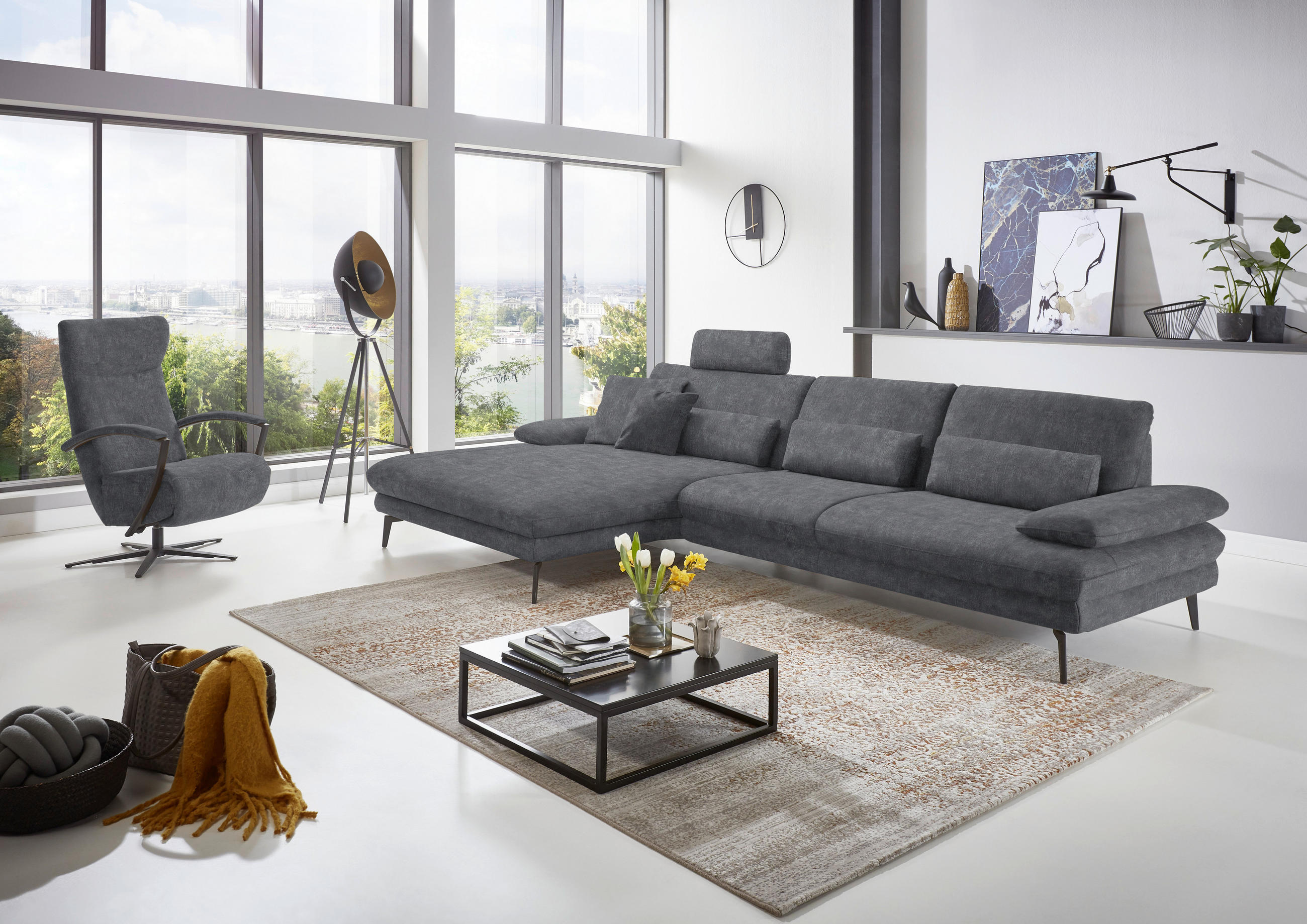 ECKSOFA in Velours Silberfarben  - Silberfarben/Schwarz, Design, Textil/Metall (180/310cm) - Dieter Knoll