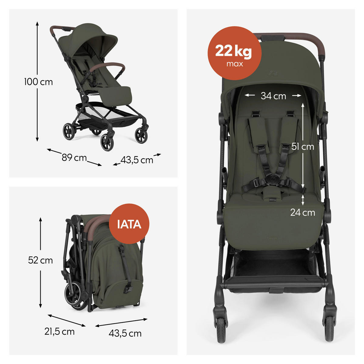 BUGGY Lite N Care  - Schwarz/Olivgrün, Basics, Textil/Metall (89/43.5/100cm) - Hauck