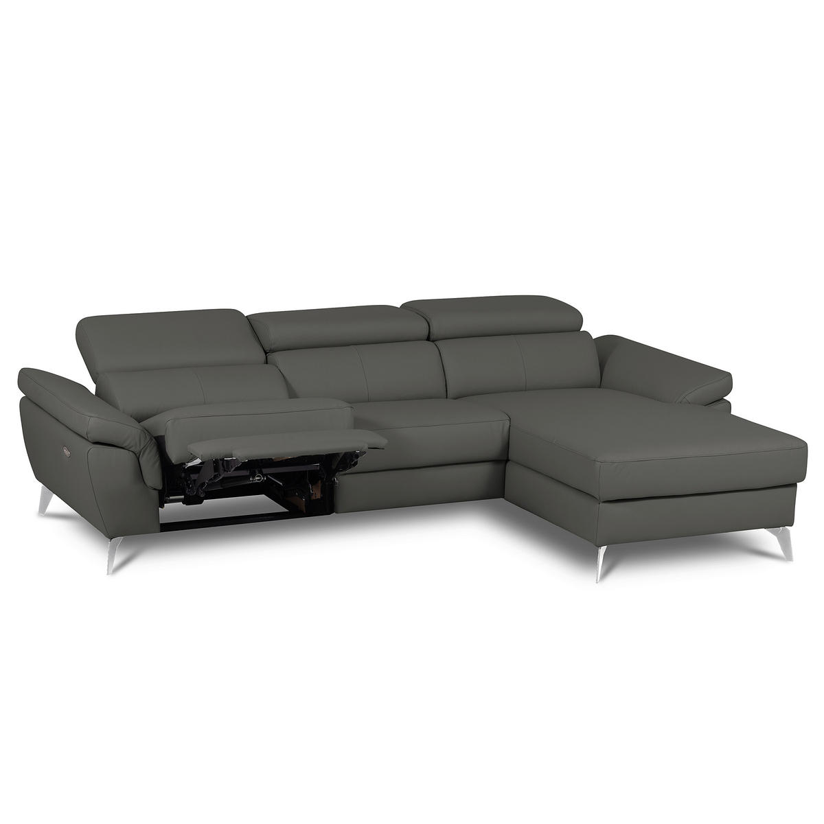 ECKSOFA Lederlook Echtleder Anthrazit  - Chromfarben/Anthrazit, Design, Leder/Textil (252/179cm) - Livetastic