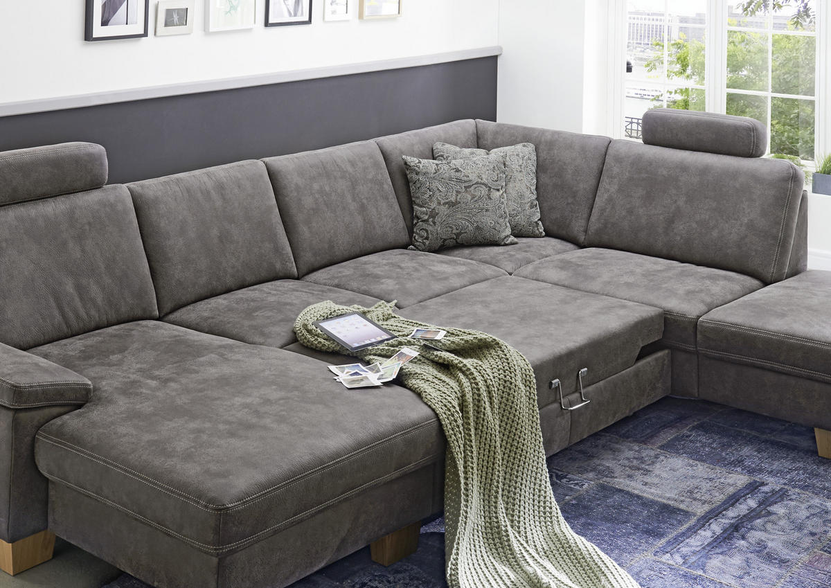 WOHNLANDSCHAFT Grau Mikrofaser  - Eichefarben/Beige, Design, Holz/Textil (235/316/167cm) - Beldomo System