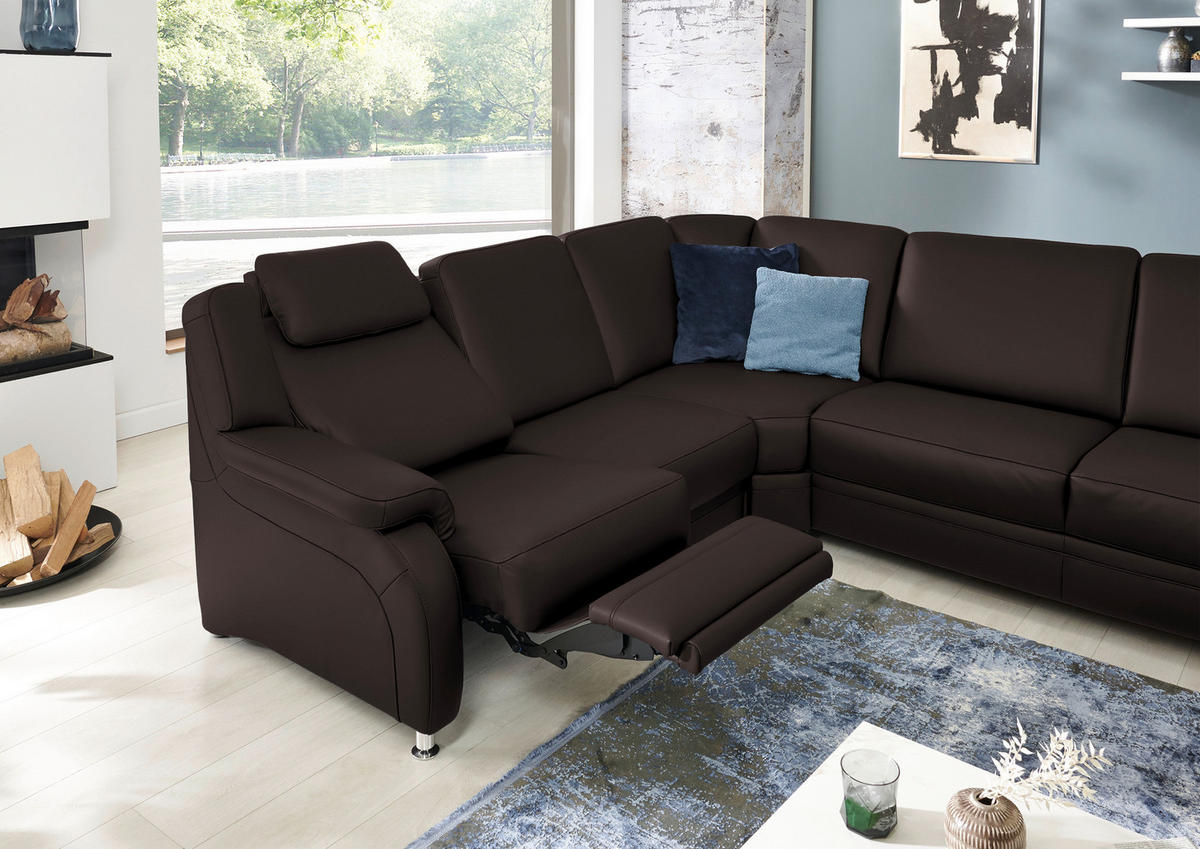 WOHNLANDSCHAFT Echtleder Schwarzbraun  - Schwarzbraun/Alufarben, Konventionell, Leder/Metall (239/329/165cm) - Beldomo Premium