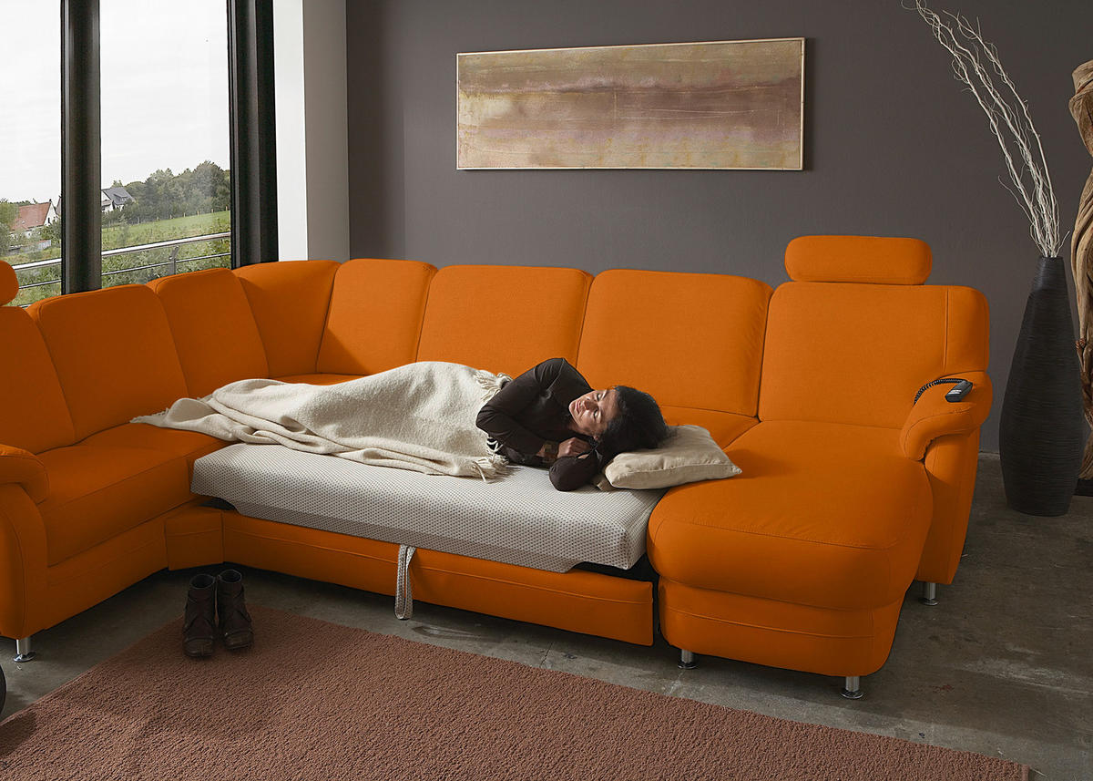 WOHNLANDSCHAFT Echtleder Orange  - Alufarben/Orange, Konventionell, Leder/Metall (239/329/165cm) - Beldomo Premium