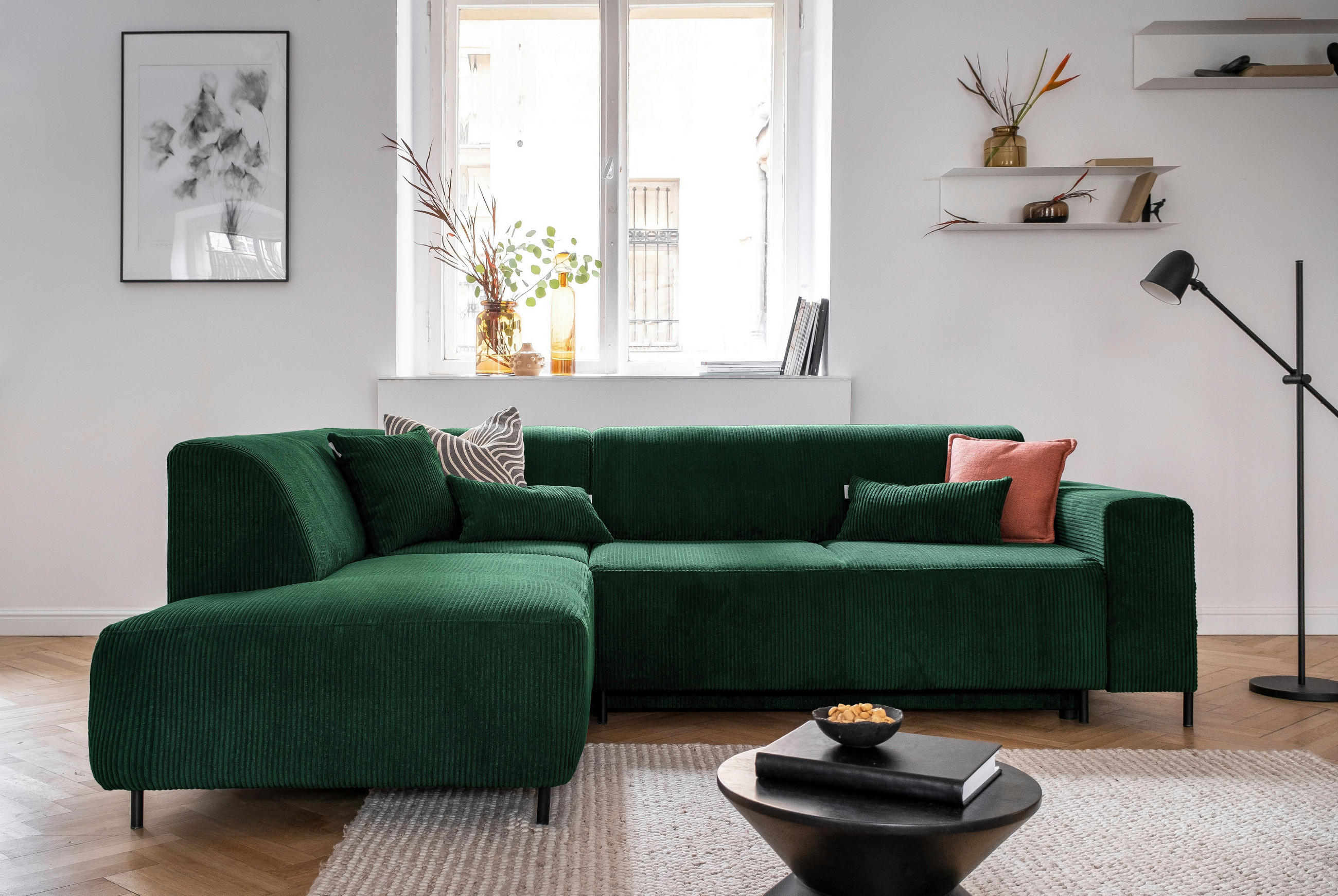 ECKSOFA in Cord Dunkelgrün  - Dunkelgrün/Schwarz, Textil/Metall (192/250cm) - MID.YOU