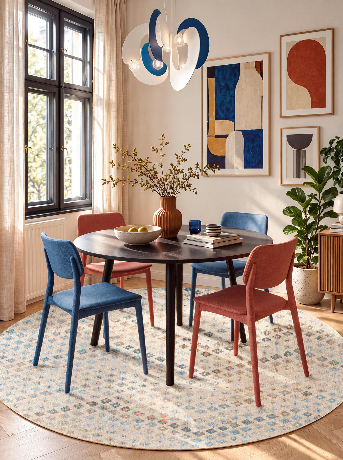 VINTAGE-TEPPICH  Wohnzimmer 200 cm Ondea Zigira Creme, Pastellblau, Cognac rund  - Pastellblau/Cognac, Trend, Kunststoff/Textil (200cm) - Lindorug