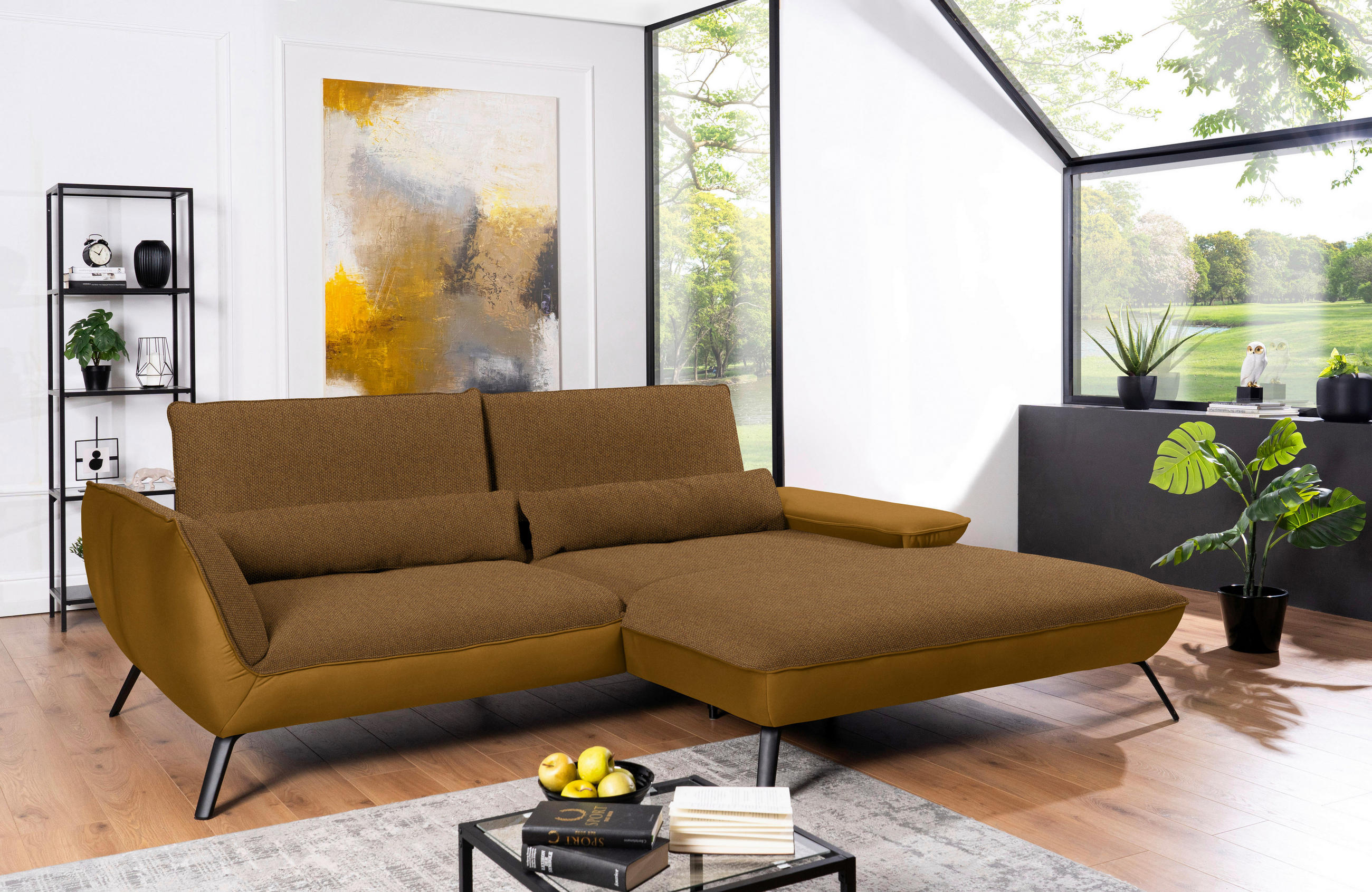 ECKSOFA in Flachgewebe Goldfarben  - Goldfarben/Schwarz, Design, Textil/Metall (273/191cm) - Moderano