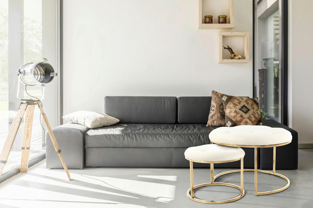 HOCKERSET Goldfarben, Beige  - Beige/Goldfarben, Design, Textil/Metall (40/60/32/41/40/60cm) - Kayoom