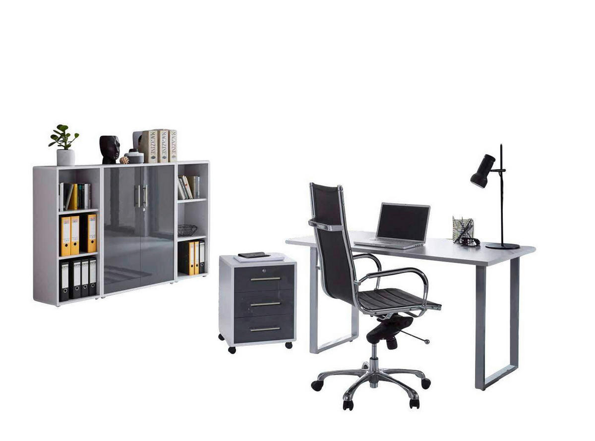BÜRO erweiterbar, abschließbar Grau, Anthrazit Hochglanz - Anthrazit Hochglanz/Grau, MODERN, Holzwerkstoff/Metall - MID.YOU