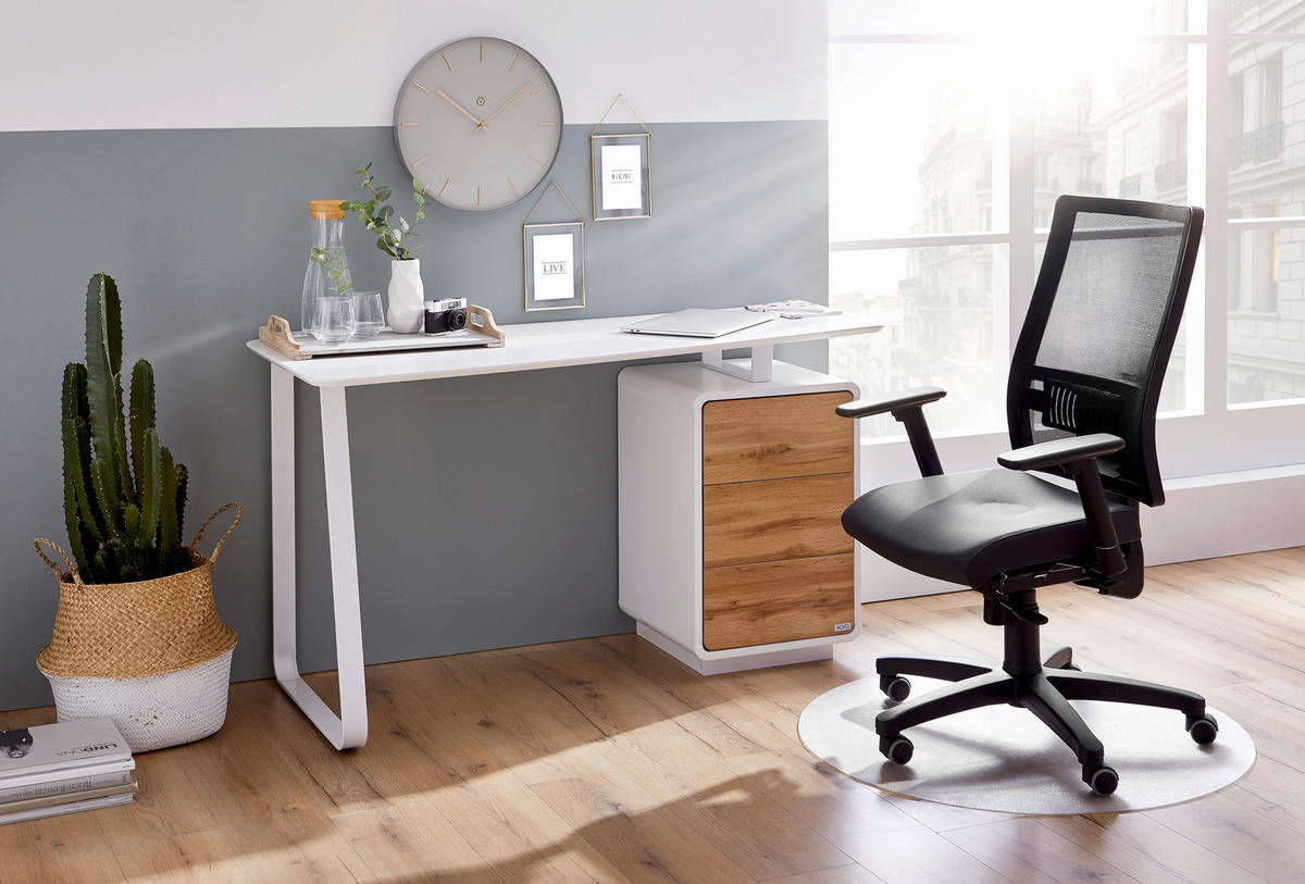 SCHREIBTISCH 140/44-60/76 cm  in Weiss, Eichefarben  - Weiss/Eichefarben, Design, Holzwerkstoff/Metall (140/44-60/76cm) - Xora