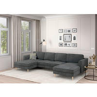 WOHNLANDSCHAFT Dunkelgrau Cord  - Dunkelgrau/Buchefarben, MODERN, Holz/Textil (161/306/161cm) - Trendmanufaktur