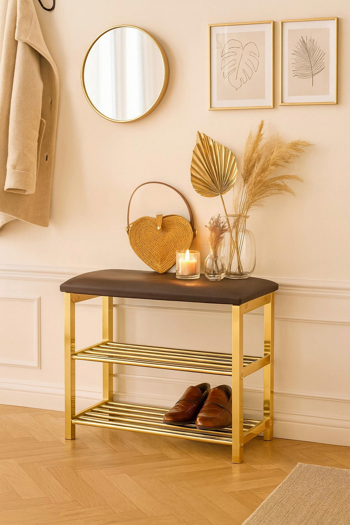 SCHUHBANK  in 57/50/30 cm  - Messingfarben/Braun, Design, Textil/Metall (57/50/30cm) - MID.YOU