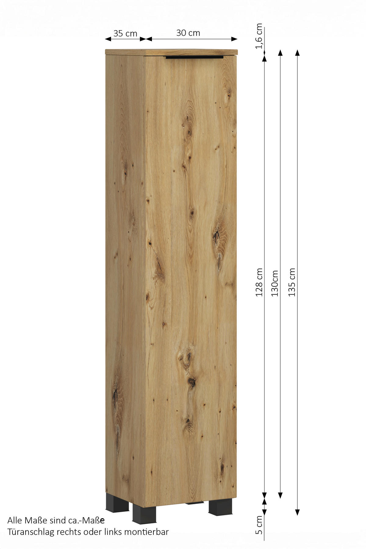 MIDISCHRANK 30/130/35 cm  - Schwarz/Eiche Artisan, Modern, Holzwerkstoff/Kunststoff (30/130/35cm) - Held