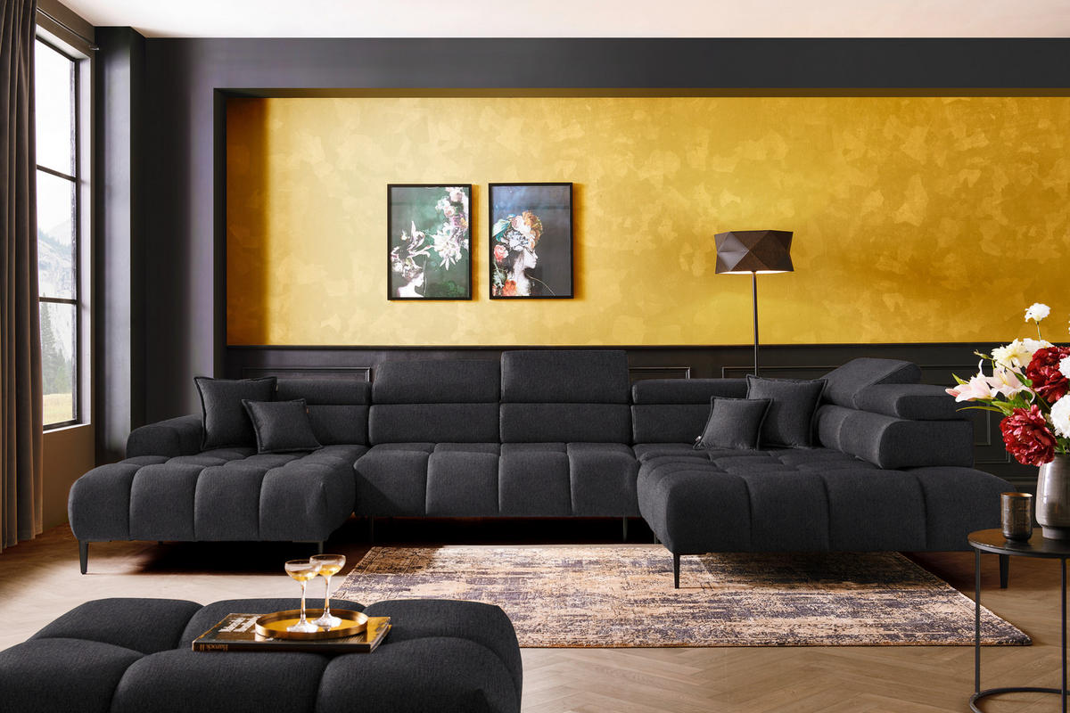 WOHNLANDSCHAFT in Samt, Webstoff Dunkelgrau  - Dunkelgrau/Schwarz, Design, Textil/Metall (177/385/216cm) - Welnova