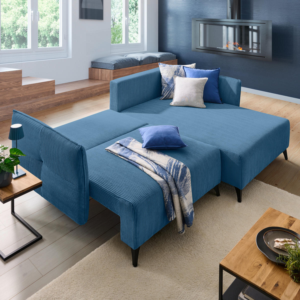ECKSOFA Blau Cord  - Blau/Schwarz, Design, Textil/Metall (254/175cm) - Stylife