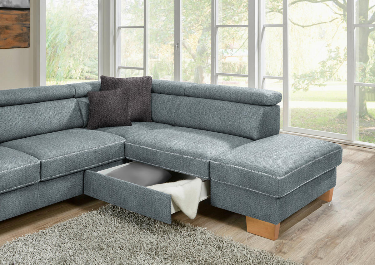 ECKSOFA in Mikrofaser Blaugrau  - Eichefarben/Beige, Natur, Holz/Textil (226/273cm) - Beldomo System