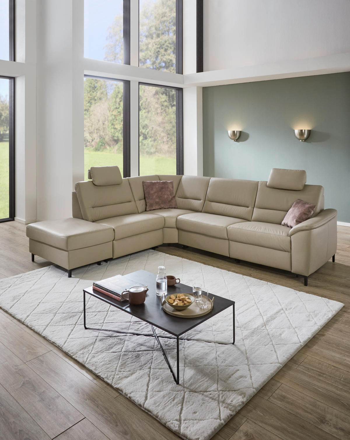 ECKSOFA in Echtleder Perlmutt  249/290 cm  - Perlmutt/Schwarz, KONVENTIONELL, Leder/Metall (249/290cm) - Beldomo Premium
