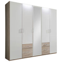 DREHTÜRENSCHRANK 225/210/58 cm,  in Weiß, Eichefarben, 5 Tür(en)  - Eichefarben/Silberfarben, Design, Glas/Holzwerkstoff (225/210/58cm) - MID.YOU