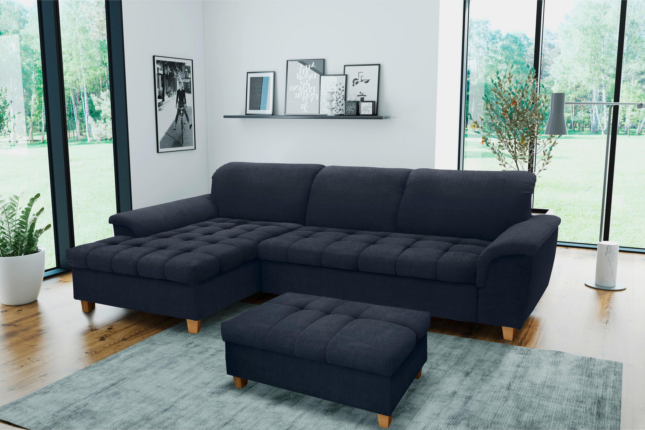 ECKSOFA Dunkelblau Mikrofaser  - Eichefarben/Dunkelblau, KONVENTIONELL, Holz/Textil (170/281cm) - MID.YOU