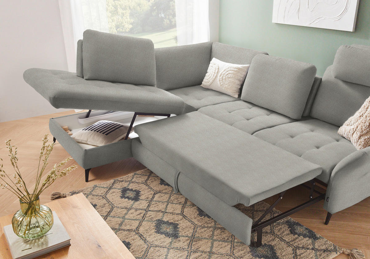 ECKSOFA in Chenille Silberfarben  - Silberfarben/Schwarz, Natur, Textil/Metall (233/288cm) - Valnatura
