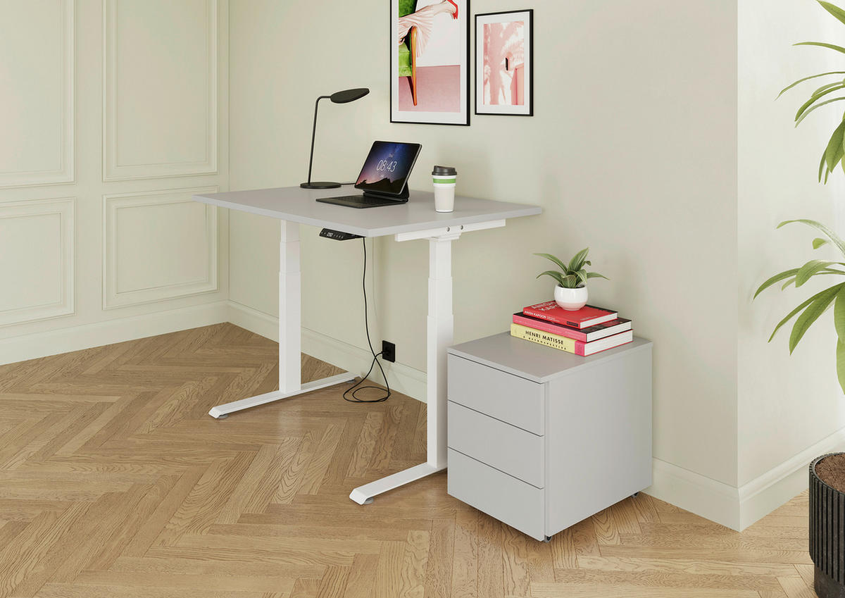 SCHREIBTISCH 140/80/64,5-129,5 cm Grau, Weiß elektrisch höhenverstellbar  - Weiß/Grau, KONVENTIONELL, Holzwerkstoff/Metall (140/80/64,5-129,5cm) - Venda