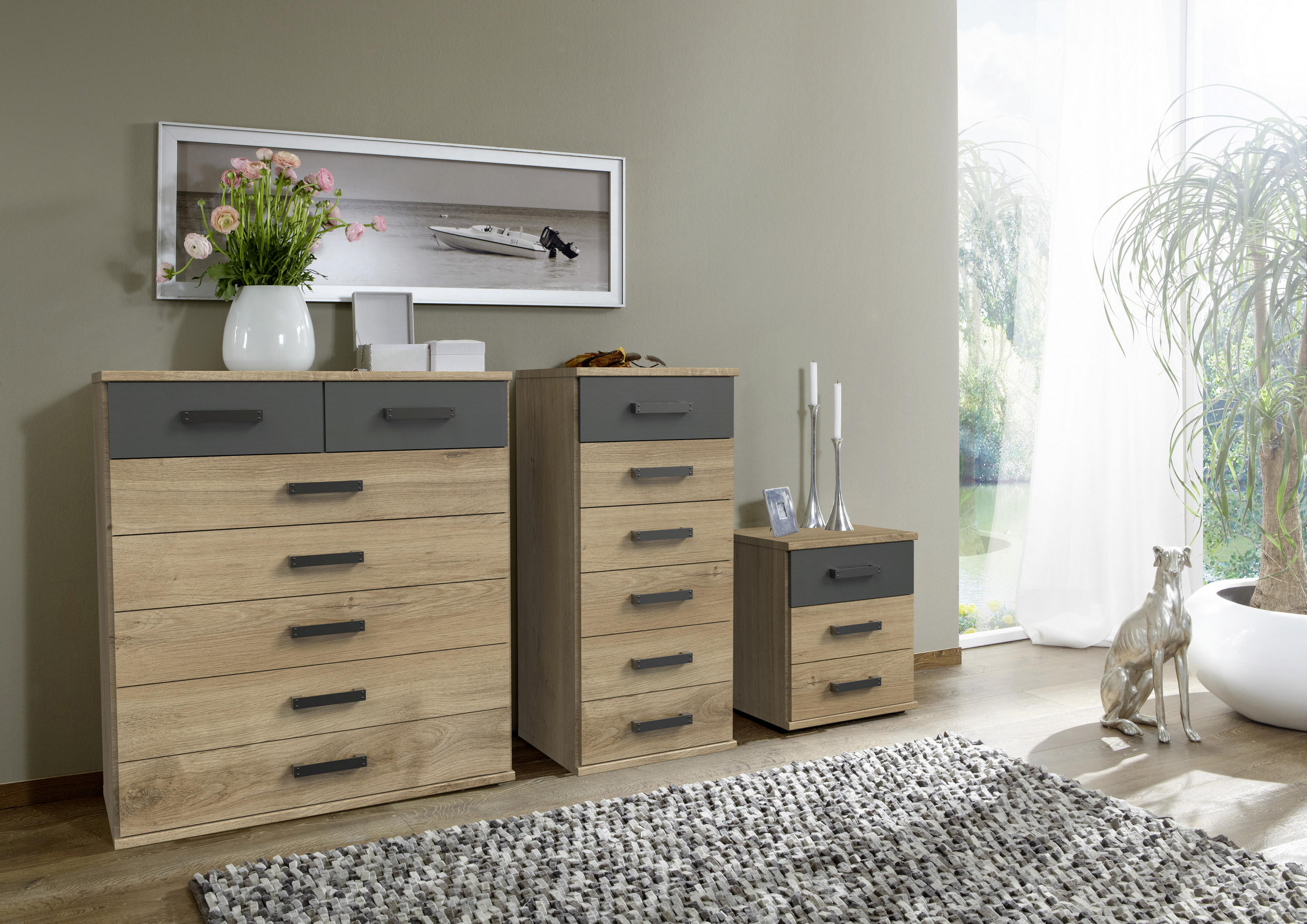 NACHTSCHRANK 46/55/40 cm  - Plankeneiche/Graphitfarben, Trend, Holzwerkstoff/Kunststoff (46/55/40cm) - Carryhome