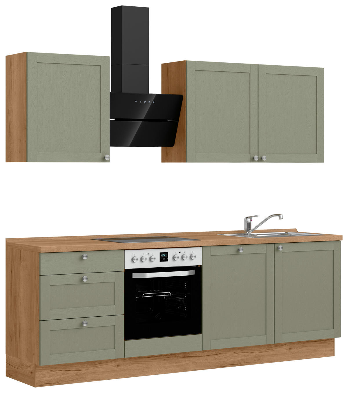 KÜCHENBLOCK Frame 240 cm  in Eichefarben, Olivgrün  - Edelstahlfarben/Eichefarben, MODERN, Holzwerkstoff/Metall (240cm) - Nobilia