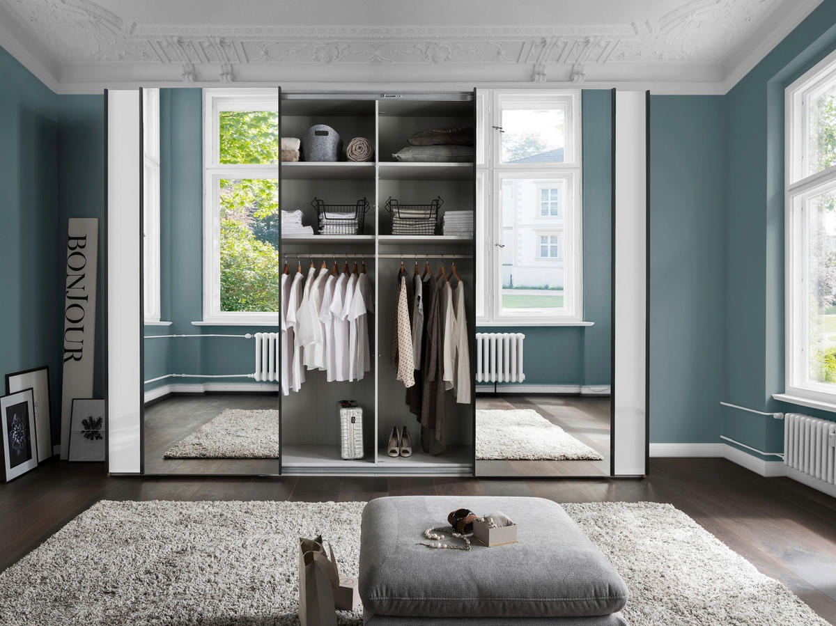 SCHWEBETÜRENSCHRANK in Weiss, Eiche Bianco  - Schieferfarben/Weiss, Konventionell, Glas/Holzwerkstoff (300/217/67cm) - Dieter Knoll
