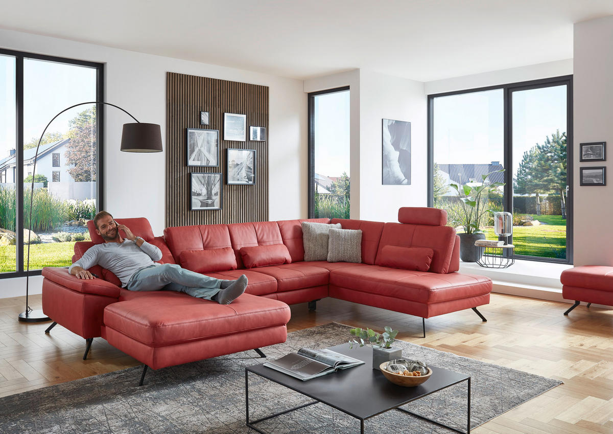 WOHNLANDSCHAFT in Lederlook, Mikrofaser Rot  - Rot/Schwarz, Design, Textil/Metall (179/345/220cm) - Beldomo System