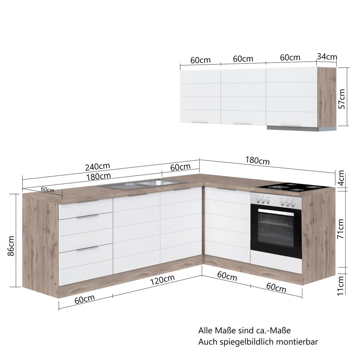 ECKKÜCHE 240/180 cm  in Grau, Eiche Wotan  - Eiche Wotan/Grau, Design, Holzwerkstoff/Metall (240/180cm) - Held
