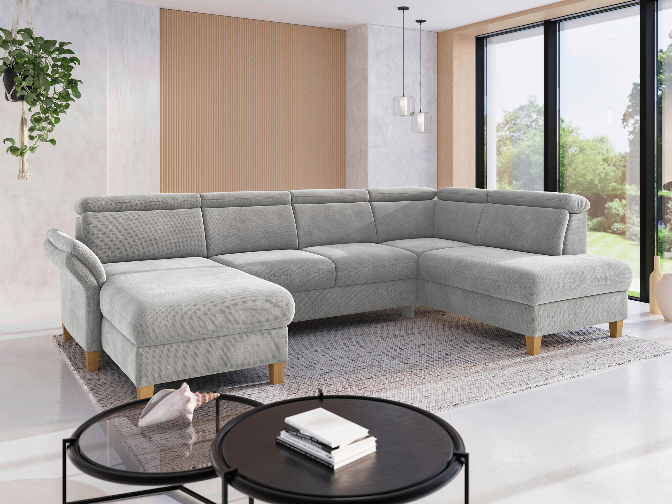 WOHNLANDSCHAFT GLENDALE E Silberfarben Flachgewebe  - Eichefarben/Silberfarben, KONVENTIONELL, Holz/Textil (166/321/193cm) - Sit & More