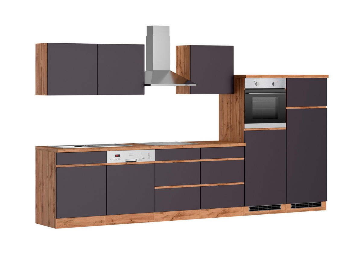 KÜCHENBLOCK 360 cm   in Grau, Eiche Wotan  - Eiche Wotan/Grau, Design, Holzwerkstoff (360cm) - Held