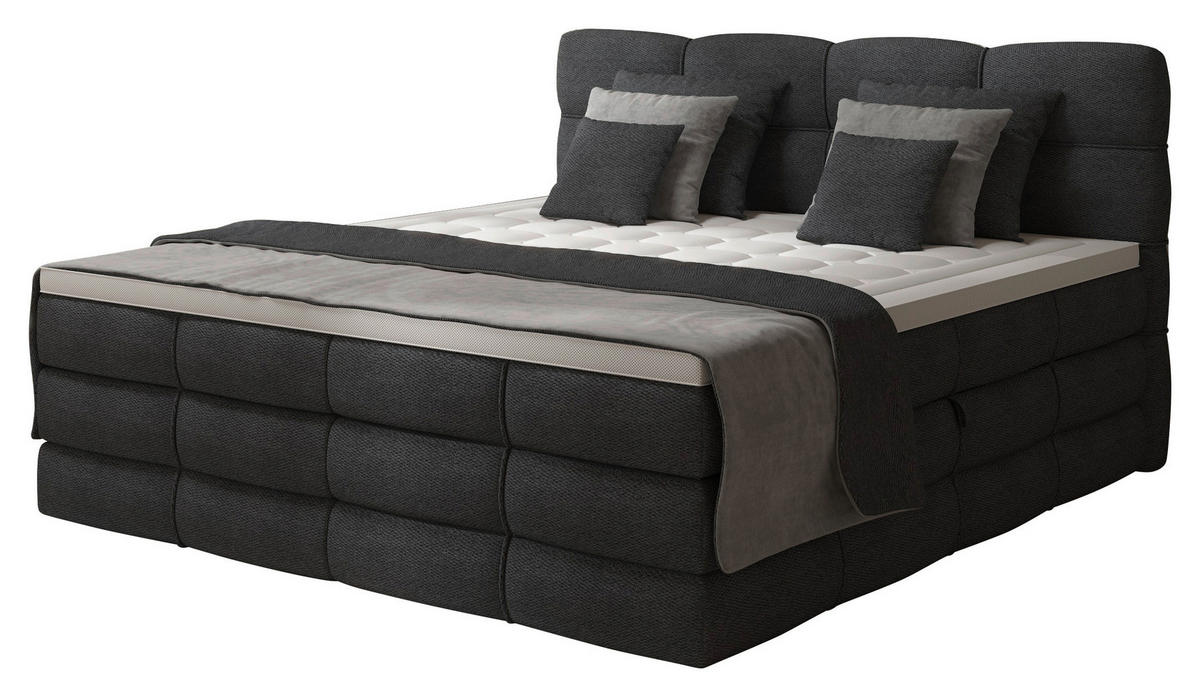 BOXSPRINGBETT 180/200 cm,  in Dunkelgrau, gepolstertes Kopfteil, Bettkasten, Topper, Matratzen, H3 + H3 = fest  - Dunkelgrau/Schwarz, Design, Kunststoff/Textil (180/200cm) - Chameo