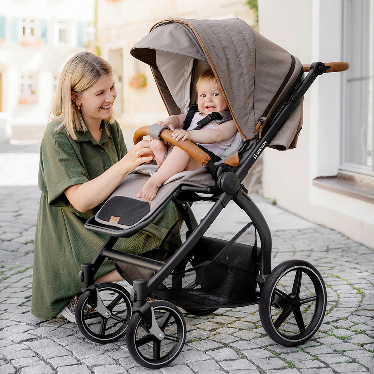 KOMBIKINDERWAGEN  FX4 Swing Set  Taupe-Cognac-Herzchen gold  - Taupe/Goldfarben, Basics, Textil (100/55/130cm) - Gesslein