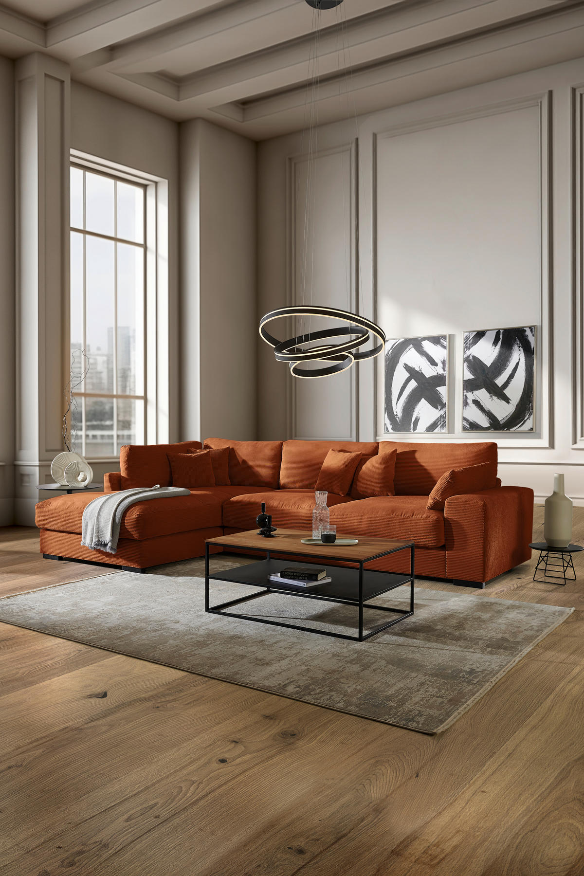 ECKSOFA in Cord Kupferfarben  - Schwarz/Kupferfarben, Design, Kunststoff/Textil (205/340cm) - Lomoco
