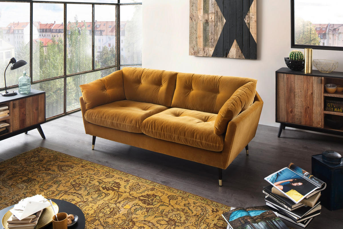 2-SITZER-SOFA JAPAN-2S SOFA Samt Senfgelb  - Senfgelb, MODERN, Textil (167/84/93cm) - MID.YOU