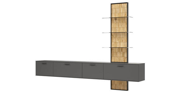 WOHNWAND 301/219/42,4 cm  in Grau, Eichefarben  - Schieferfarben/Eichefarben, Design, Glas/Holz (301/219/42,4cm) - Moderano