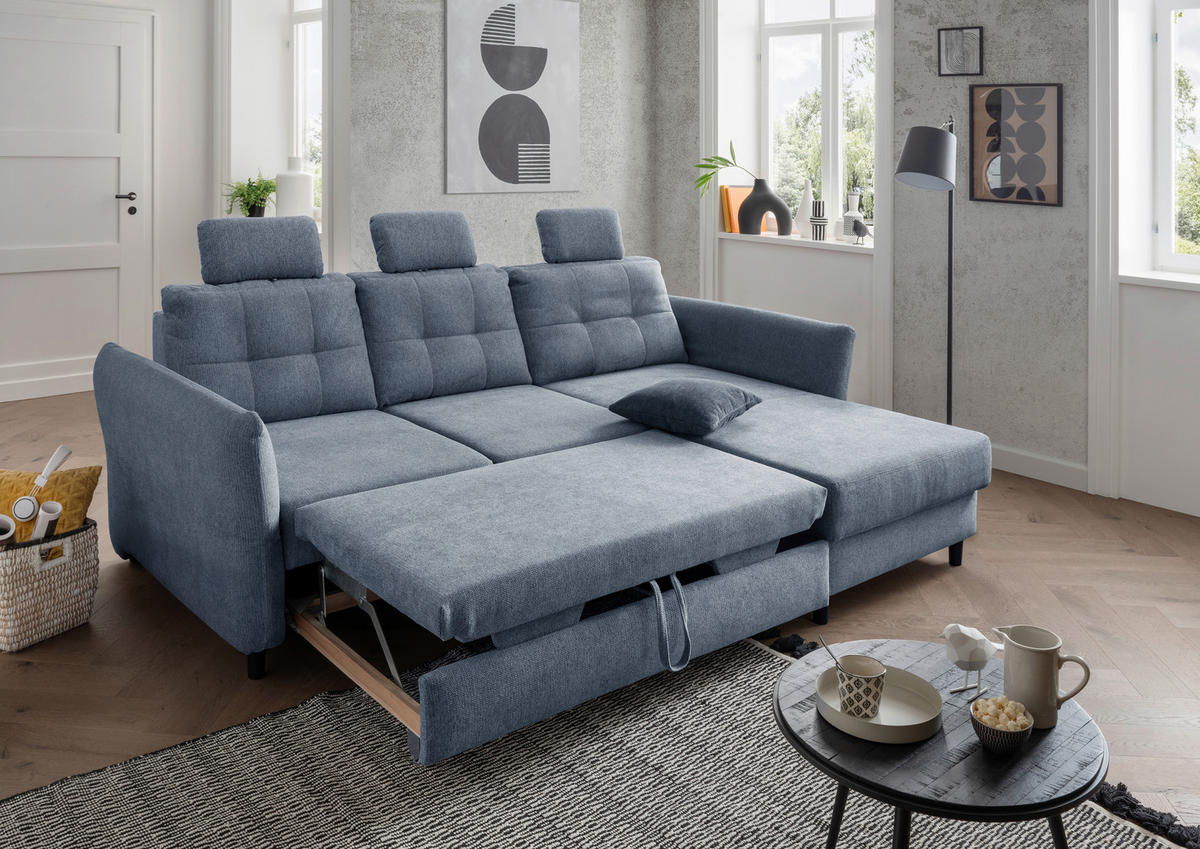 ECKSOFA in Chenille Hellblau  - Blau/Silberfarben, Modern, Holz/Textil (250-280/176cm) - Livetastic